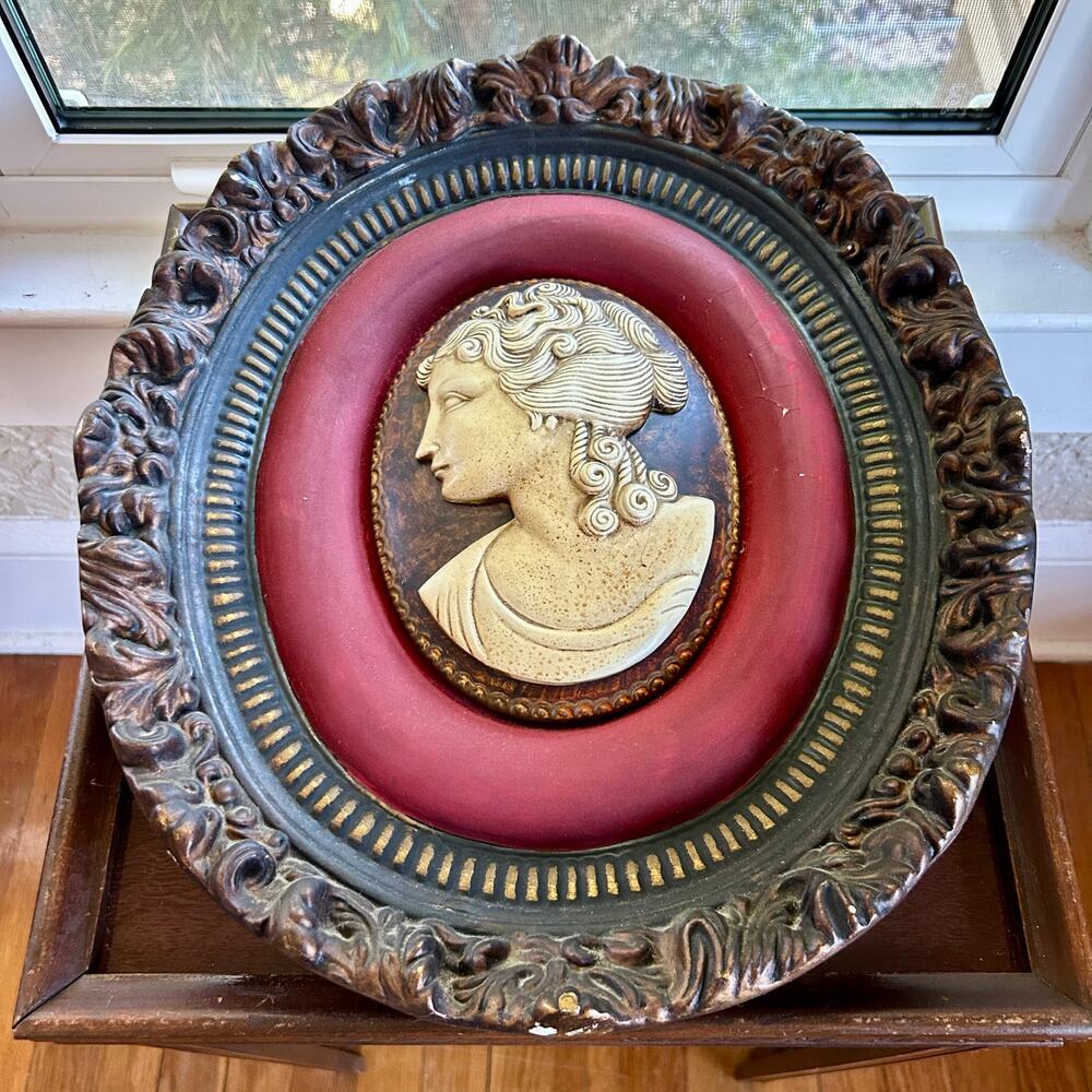 Vintage Ceramic Cameo Wall Hanging, Victorian Woman, Painted Velvet Border